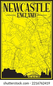 Yellow vintage hand-drawn printout streets network map of the downtown NEWCASTLE, ENGLAND with brown 3D city skyline and lettering