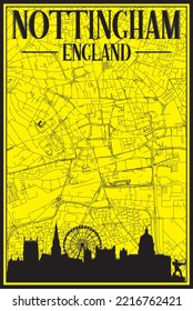 Yellow vintage hand-drawn printout streets network map of the downtown NOTTINGHAM, ENGLAND with brown 3D city skyline and lettering