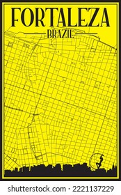 Mapa de la red de calles pintadas a mano en amarillo del centro de FORTALEZA, BRASIL, con el perfil destacado de la ciudad y letras