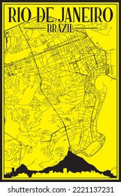 Yellow vintage hand-drawn printout streets network map of the downtown RIO DE JANEIRO, BRAZIL with highlighted city skyline and lettering