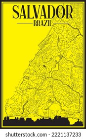 Yellow vintage hand-drawn printout streets network map of the downtown SALVADOR, BRAZIL with highlighted city skyline and lettering