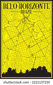 Yellow vintage hand-drawn printout streets network map of the downtown BELO HORIZONTE, BRAZIL with highlighted city skyline and lettering