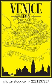 Yellow vintage hand-drawn printout streets network map of the downtown VENICE, ITALY with brown highlighted city skyline and lettering