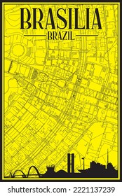 Yellow vintage hand-drawn printout streets network map of the downtown BRASILIA, BRAZIL with highlighted city skyline and lettering