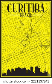 Yellow vintage hand-drawn printout streets network map of the downtown CURITIBA, BRAZIL with highlighted city skyline and lettering