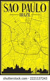 Yellow vintage hand-drawn printout streets network map of the downtown SAO PAULO, BRAZIL with highlighted city skyline and lettering