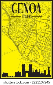 Yellow vintage hand-drawn printout streets network map of the downtown GENOA, ITALY with brown highlighted city skyline and lettering