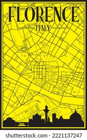 Yellow vintage hand-drawn printout streets network map of the downtown FLORENCE, ITALY with brown highlighted city skyline and lettering