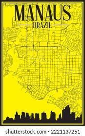 Yellow vintage hand-drawn printout streets network map of the downtown MANAUS, BRAZIL with highlighted city skyline and lettering