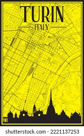 Yellow vintage hand-drawn printout streets network map of the downtown TURIN, ITALY with brown highlighted city skyline and lettering