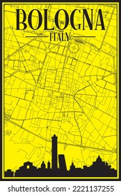 Yellow vintage hand-drawn printout streets network map of the downtown BOLOGNA, ITALY with brown highlighted city skyline and lettering