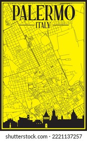 Yellow vintage hand-drawn printout streets network map of the downtown PALERMO, ITALY with brown highlighted city skyline and lettering