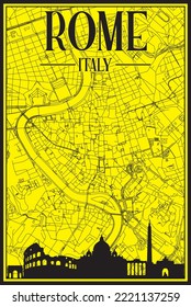 Yellow vintage hand-drawn printout streets network map of the downtown ROME, ITALY with brown highlighted city skyline and lettering