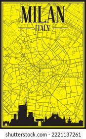 Yellow vintage hand-drawn printout streets network map of the downtown MILAN, ITALY with brown highlighted city skyline and lettering