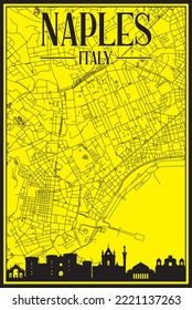 Yellow vintage hand-drawn printout streets network map of the downtown NAPLES, ITALY with brown highlighted city skyline and lettering