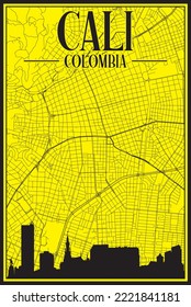 Yellow vintage hand-drawn printout streets network map of the downtown CALI, COLOMBIA with highlighted city skyline and lettering