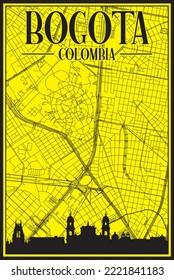 Yellow vintage hand-drawn printout streets network map of the downtown BOGOTA, COLOMBIA with highlighted city skyline and lettering