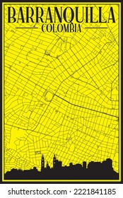 Yellow vintage hand-drawn printout streets network map of the downtown BARRANQUILLA, COLOMBIA with highlighted city skyline and lettering