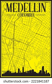 Yellow vintage hand-drawn printout streets network map of the downtown MEDELLIN, COLOMBIA with highlighted city skyline and lettering