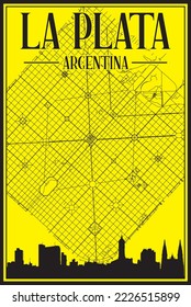 Yellow vintage hand-drawn printout streets network map of the downtown LA PLATA, ARGENTINA with highlighted city skyline and lettering