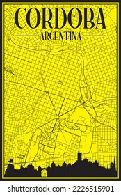 Yellow vintage hand-drawn printout streets network map of the downtown CORDOBA, ARGENTINA with highlighted city skyline and lettering