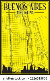 Yellow vintage hand-drawn printout streets network map of the downtown BUENOS AIRES, ARGENTINA with highlighted city skyline and lettering