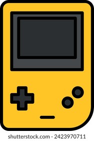 Yellow vintage handheld game console with black screen, buttons, and directional pad on a white background.