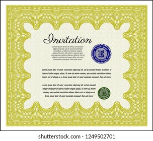 Yellow Vintage invitation. With complex background. Vector illustration. Superior design. 
