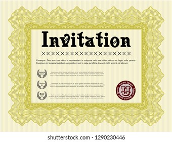 Yellow Vintage invitation. With complex background. Cordial design. Detailed. 