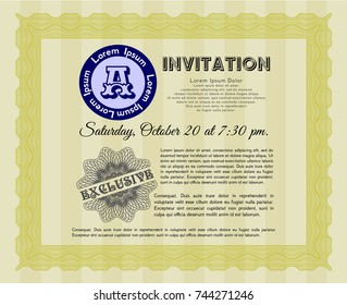 Yellow Vintage invitation. With complex linear background. Money style design. Detailed. 