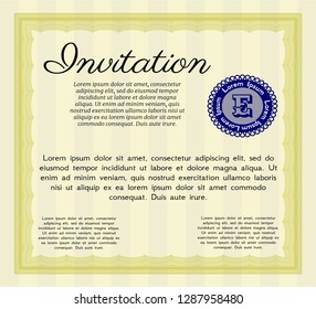 Yellow Vintage invitation. Good design. Detailed. With guilloche pattern and background. 