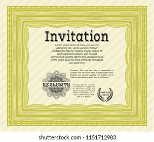 Yellow Vintage invitation. With great quality guilloche pattern. Detailed. Money style design. 