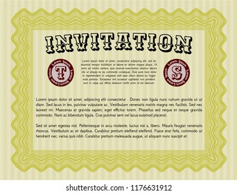 Yellow Vintage invitation. With guilloche pattern and background. Elegant design. Vector illustration. 