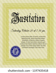Yellow Vintage invitation. With guilloche pattern and background. Elegant design. Customizable, Easy to edit and change colors. 