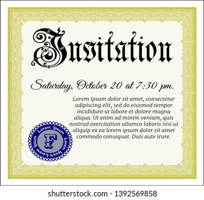 Yellow Vintage invitation. With guilloche pattern. Customizable, Easy to edit and change colors. Retro design. 