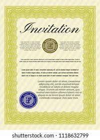 Yellow Vintage invitation. With linear background. Vector illustration. Money style design. 