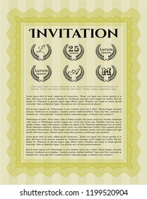Yellow Vintage invitation. With linear background. Customizable, Easy to edit and change colors. Money Pattern design. 