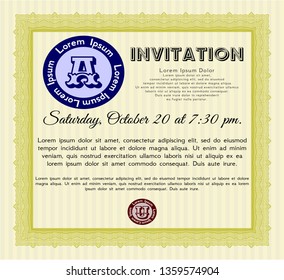 Yellow Vintage invitation. With linear background. Detailed. Superior design. 