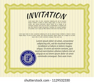 Yellow Vintage invitation. Money design. Detailed. With guilloche pattern and background. 