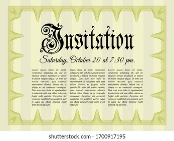 Yellow Vintage invitation. Money design. With guilloche pattern and background. Vector illustration. 