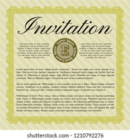 Yellow Vintage invitation. Retro design. With great quality guilloche pattern. Detailed. 