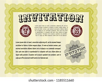 Yellow Vintage invitation template. Artistry design. With complex background. Detailed. 