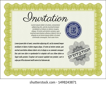 Yellow Vintage invitation template. Beauty design. With guilloche pattern. Detailed. 