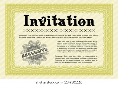 Yellow Vintage invitation template. With complex linear background. Vector illustration. Retro design. 