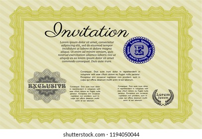 Yellow Vintage invitation template. With complex linear background. Vector illustration. Nice design. 
