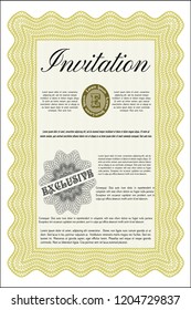 Yellow Vintage invitation template. Complex background. Detailed. Money Pattern. 