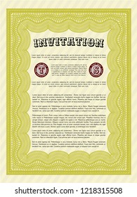 Yellow Vintage invitation template. With complex linear background. Sophisticated design. Vector illustration. 