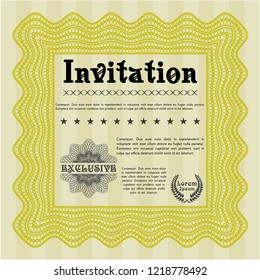 Yellow Vintage invitation template. With complex linear background. Detailed. Elegant design. 