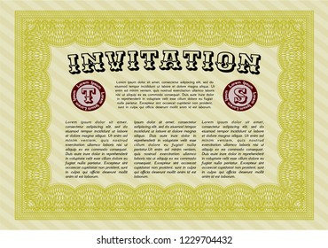 Yellow Vintage invitation template. Complex background. Elegant design. Customizable, Easy to edit and change colors. 