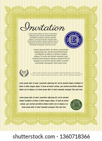 Yellow Vintage invitation template. With complex linear background. Customizable, Easy to edit and change colors. Elegant design. 